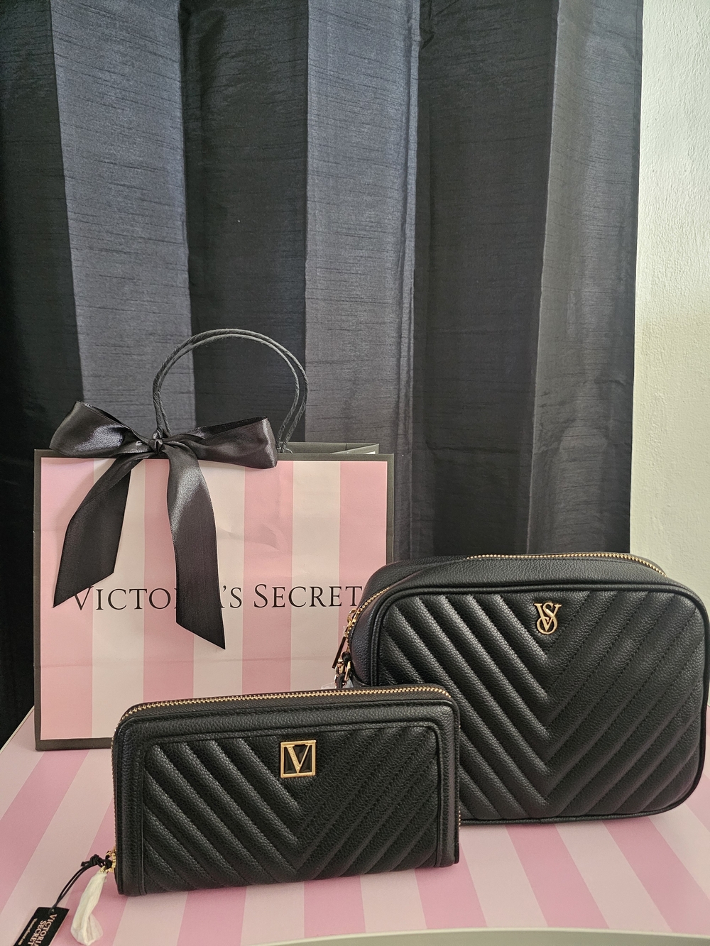 Victoria's Secret Black Quilted Cosmetic Pouch and Wallet Set